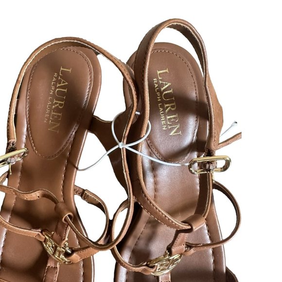 Ralph Lauren Wedge Sandals with Tan Leather Straps & Gold "RL" Emblem Size 8.5B - Picture 3 of 5